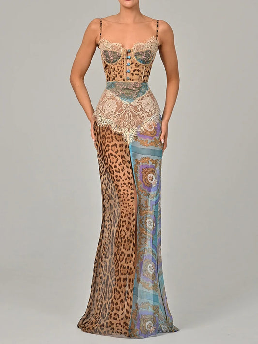 Leopard Lace Split Maxi Dress