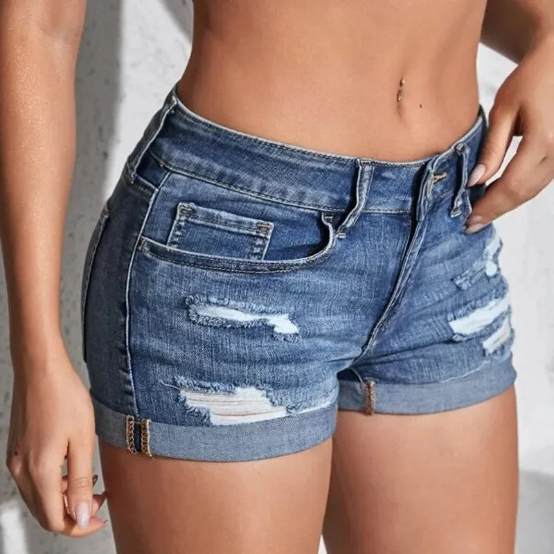 Split Denim Mid Waist Shorts