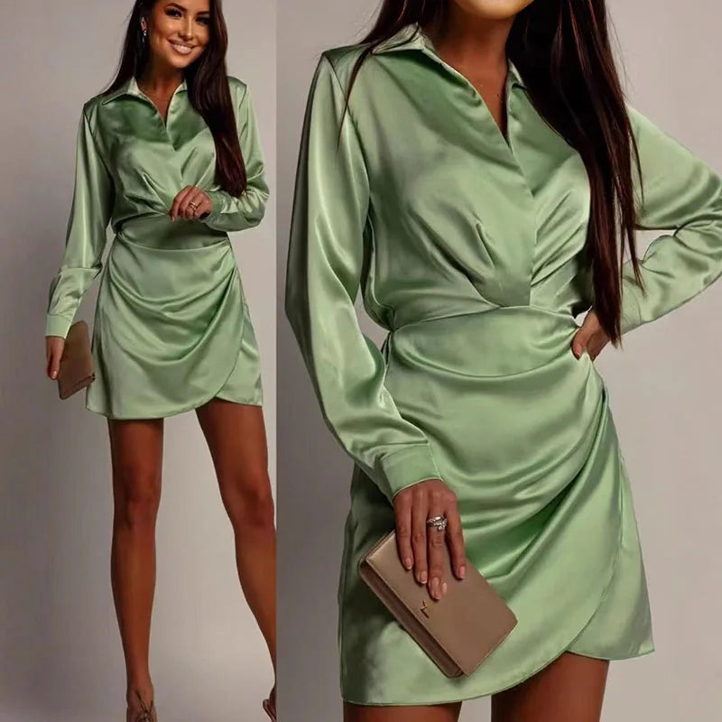 Satin Long Sleeve Wrap Dress