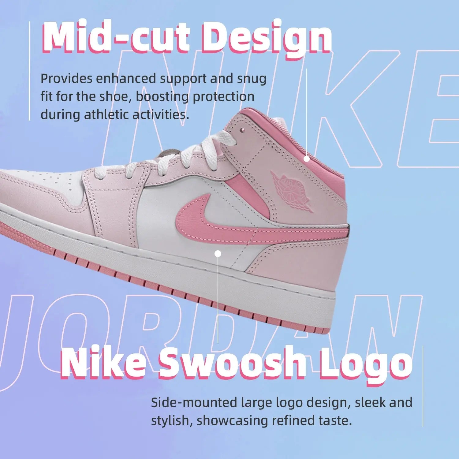 Nike Women's Shoes Air Jordan 1 Aj1 Pink and White Mid-Top Sneakers Cushioning Basketball Shoes Fashionable Casual Shoes Dq8423-600 - Chicchar Fashion
