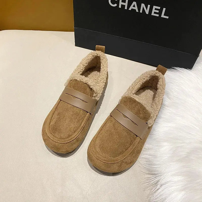 CRLAYDK Winter Women's Soft Fur Lining Moccasins Suede Ladies House Warm Indoor Outdoor Anti Skid Loafers Slip On Flat Shoes - Chicchar Fashion