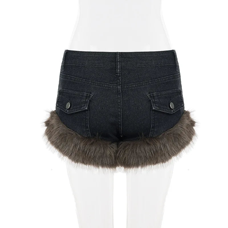 Fluffy Denim Low-Waist Shorts