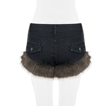 Fluffy Denim Low-Waist Shorts