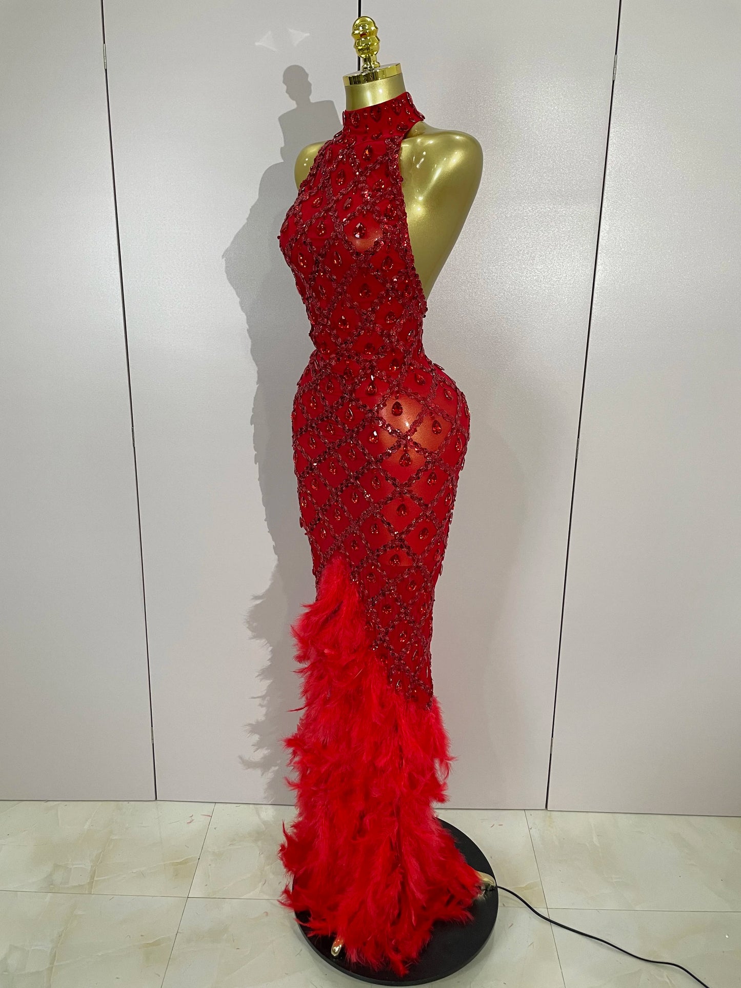 Red Rhinestone Mesh Long Dress