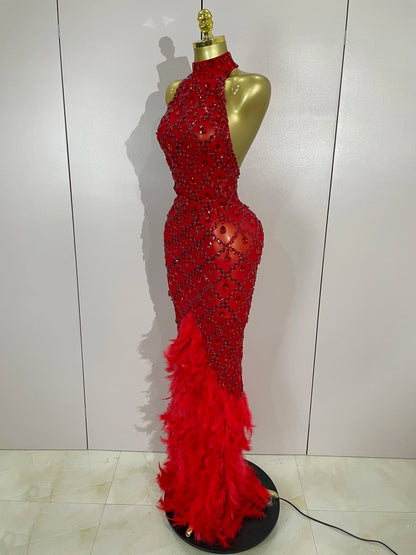 Red Rhinestone Mesh Long Dress