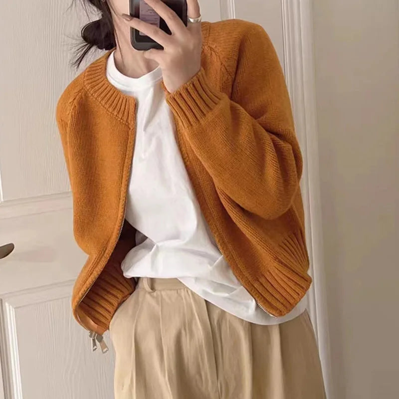 Cropped Zipper Knit Jacket Chicchar Fashion