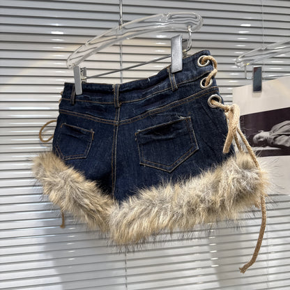 Frayed Lace-Up Denim Shorts