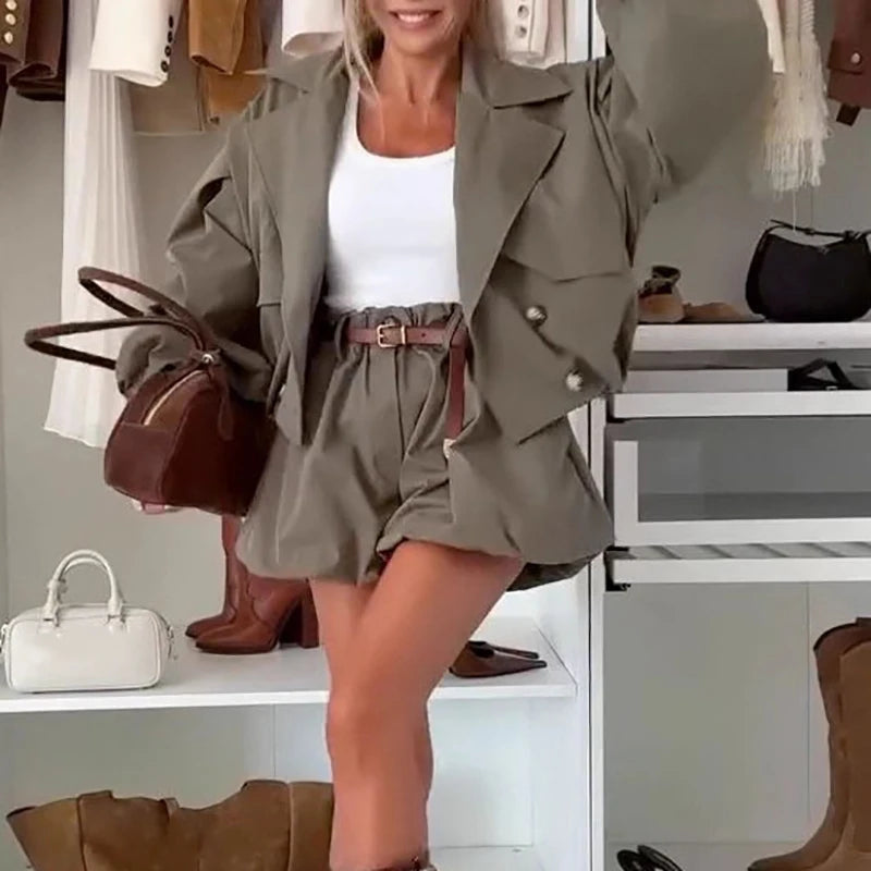 Lapel Trench Coat & Mini Skirt