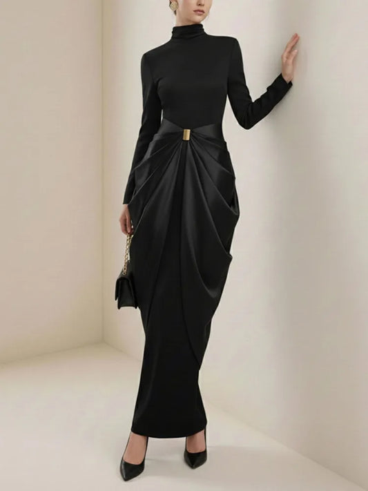 Black High-Neck Pleated Maxi