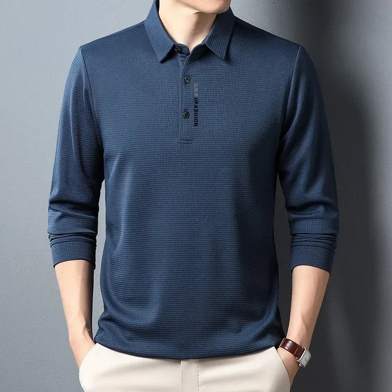Men's Waffle Long Sleeved POLO Shirt with Letter Printed Lapel Casual Top