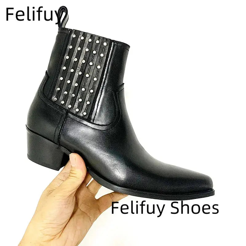 Studded Chelsea Boots Men Black Ankle Boots Luxury Designer Real Leather Men Booties Handmade Luxury Botas Thigh High Boots - Chicchar Fashion