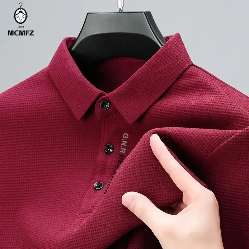 Men's Waffle Long Sleeved POLO Shirt with Letter Printed Lapel Casual Top Chicchar Fashion