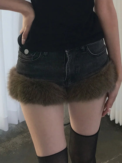 Y2K Fur Patchwork Denim Shorts