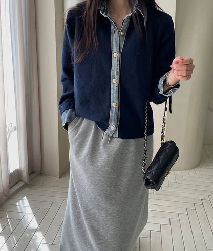 Denim Patchwork Knit Cardigan Chicchar Fashion