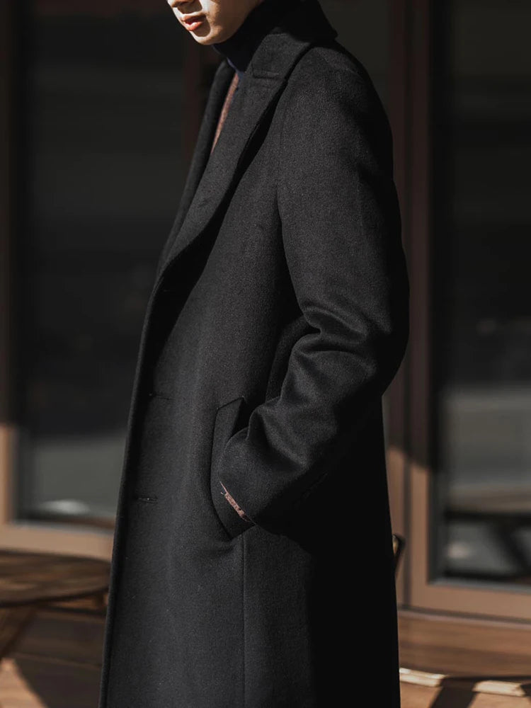 Long Wool-Blend Black Trench