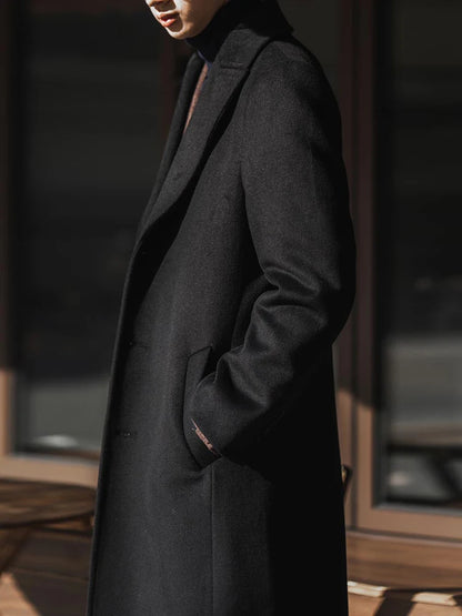 Long Wool-Blend Black Trench