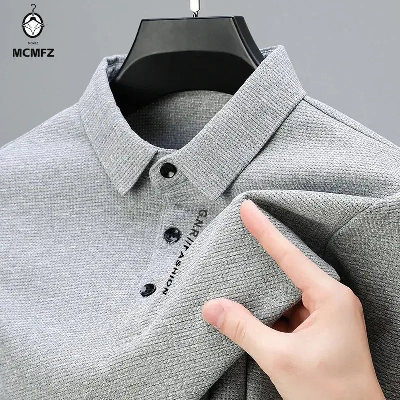 Men's Waffle Long Sleeved POLO Shirt with Letter Printed Lapel Casual Top Chicchar Fashion