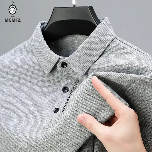 Men's Waffle Long Sleeved POLO Shirt with Letter Printed Lapel Casual Top Chicchar Fashion