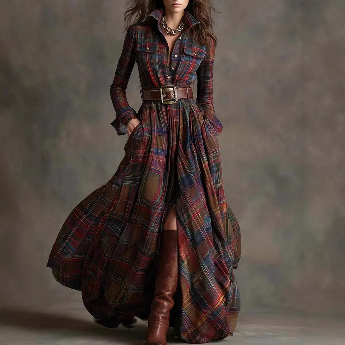 Plaid Polyester Maxi Dress