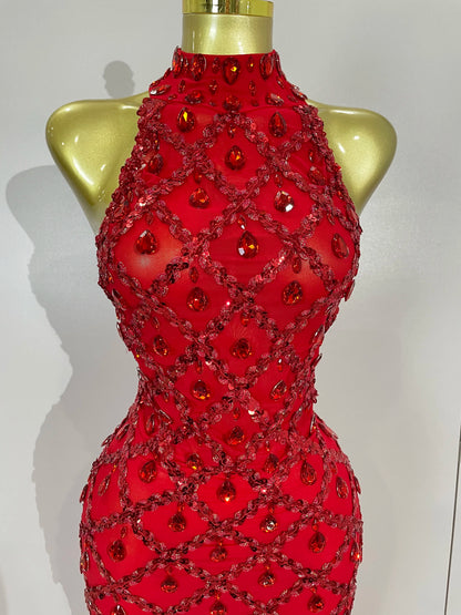 Red Rhinestone Mesh Long Dress