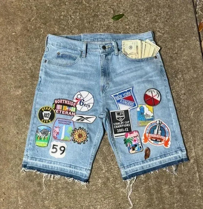 Retro Y2K Patch Denim Shorts - Unisex Casual Wear