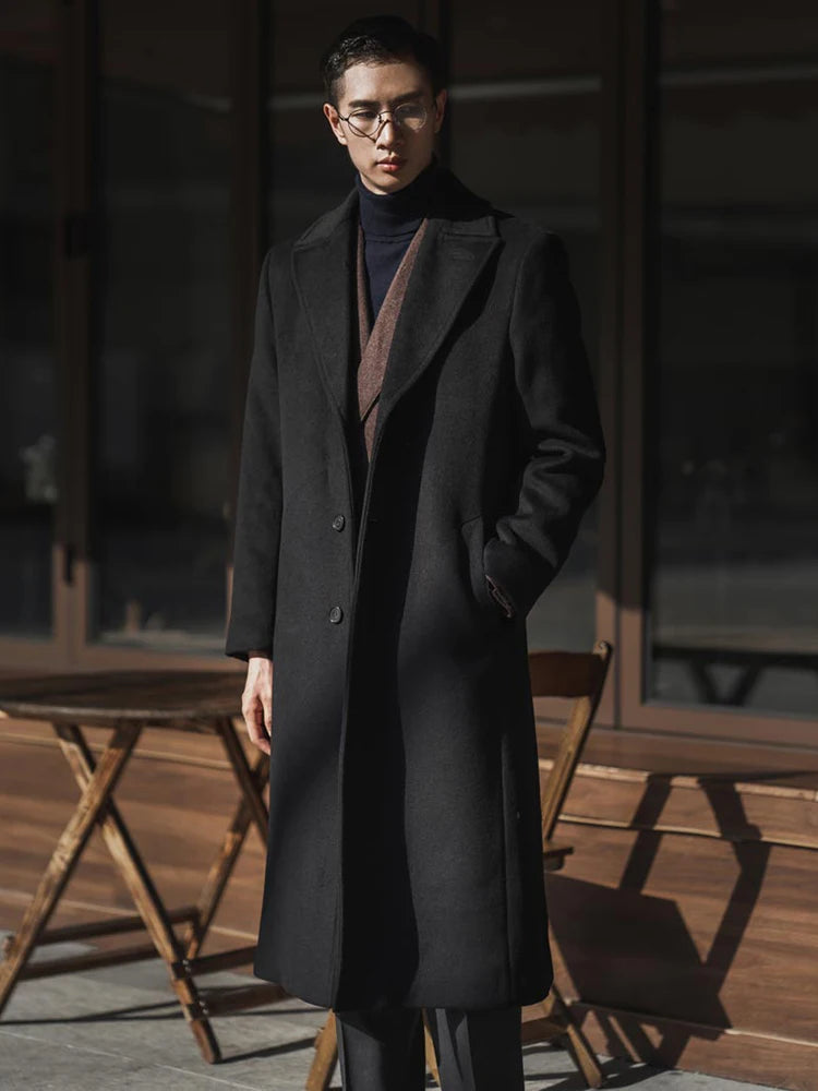 Long Wool-Blend Black Trench