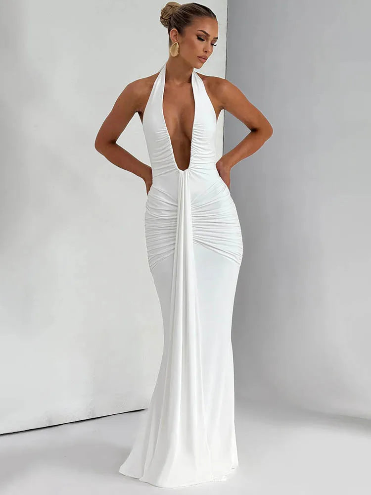 Deep V Draped Ruched Maxi