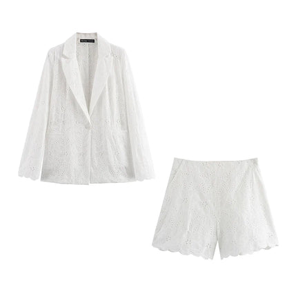 White Lace Blazer Shorts Set