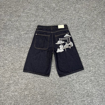 Embroidered Denim Baggy Shorts