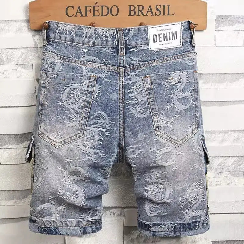 Dragon Embroidered Denim Shorts