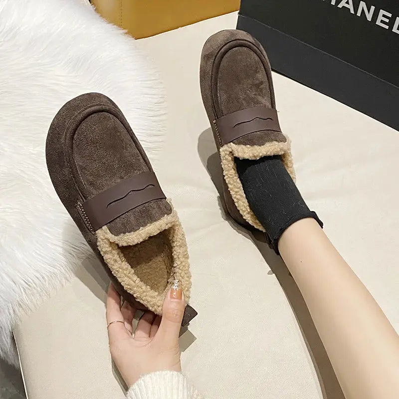 CRLAYDK Winter Women's Soft Fur Lining Moccasins Suede Ladies House Warm Indoor Outdoor Anti Skid Loafers Slip On Flat Shoes - Chicchar Fashion