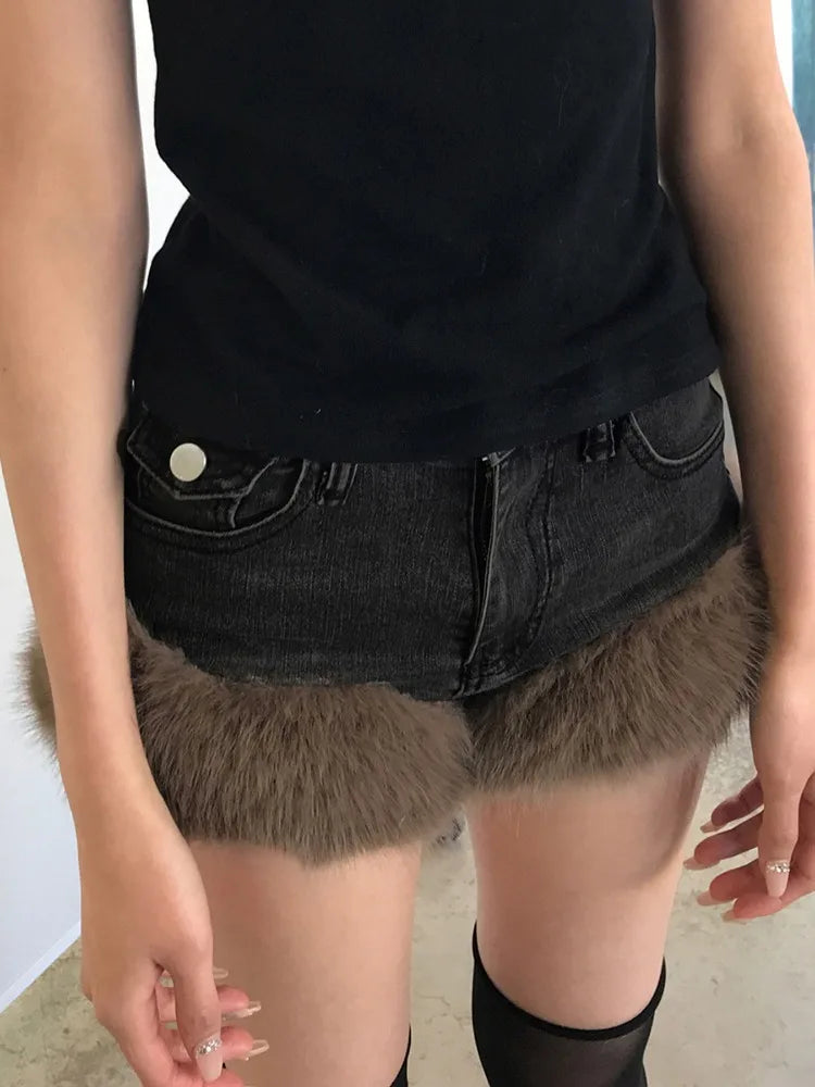 Y2K Fur Patchwork Denim Shorts