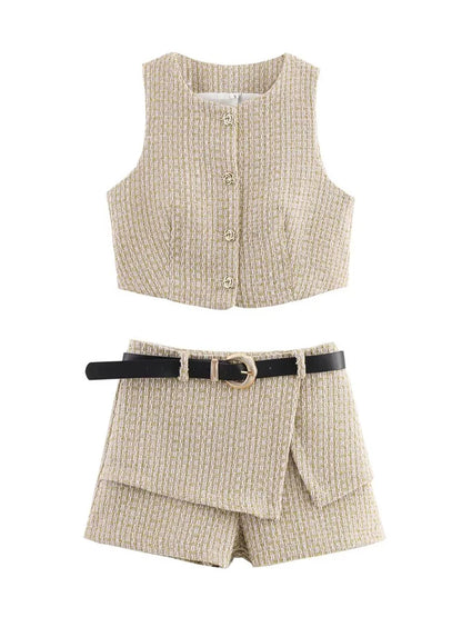 Tweed Belt Shorts Suit