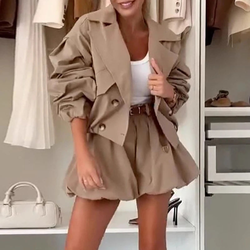 Lapel Trench Coat & Mini Skirt