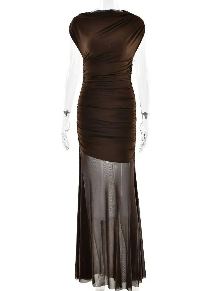 Ruched Mesh Maxi Dress