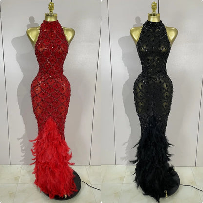 Red Rhinestone Mesh Long Dress