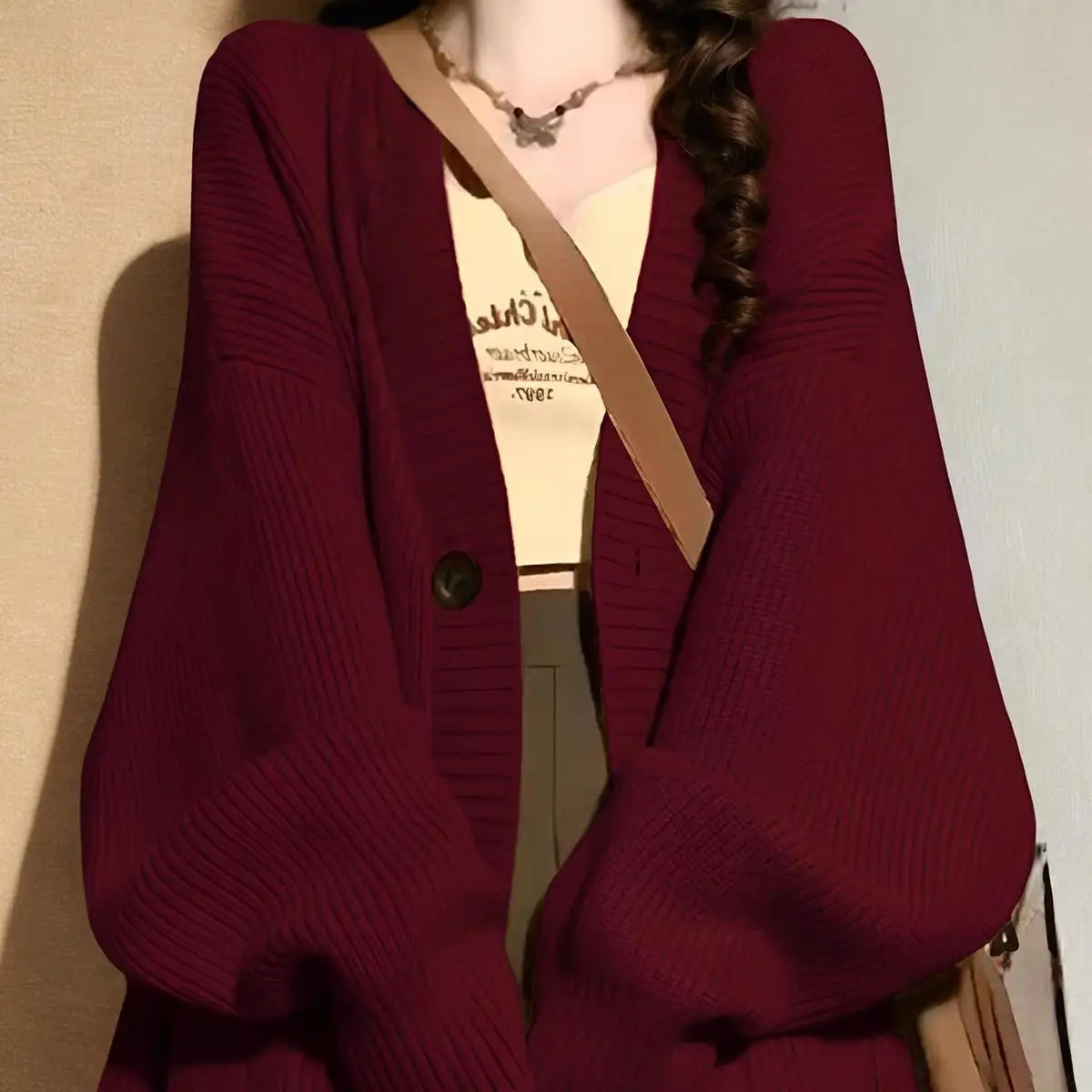 Polyester V-Neck Cardigan Chicchar Fashion