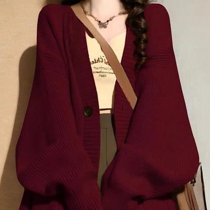Polyester V-Neck Cardigan Chicchar Fashion