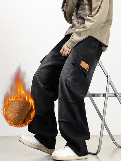 Fleece Cargo Wide-Leg Jeans