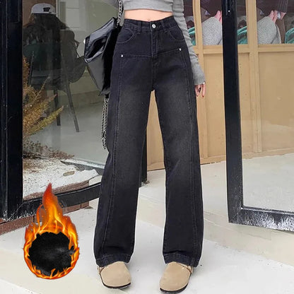Korean High-Waist Fleece Jeans