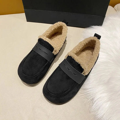CRLAYDK Winter Women's Soft Fur Lining Moccasins Suede Ladies House Warm Indoor Outdoor Anti Skid Loafers Slip On Flat Shoes - Chicchar Fashion