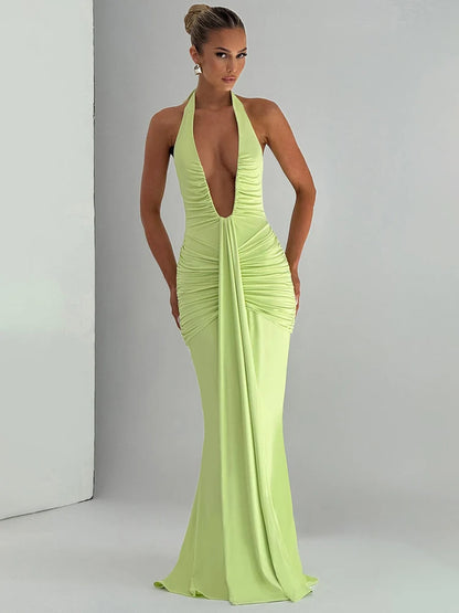 Deep V Draped Ruched Maxi