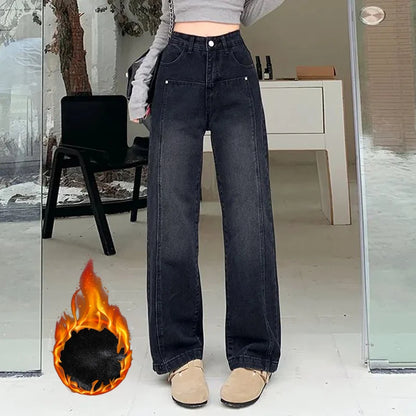 Korean High-Waist Fleece Jeans