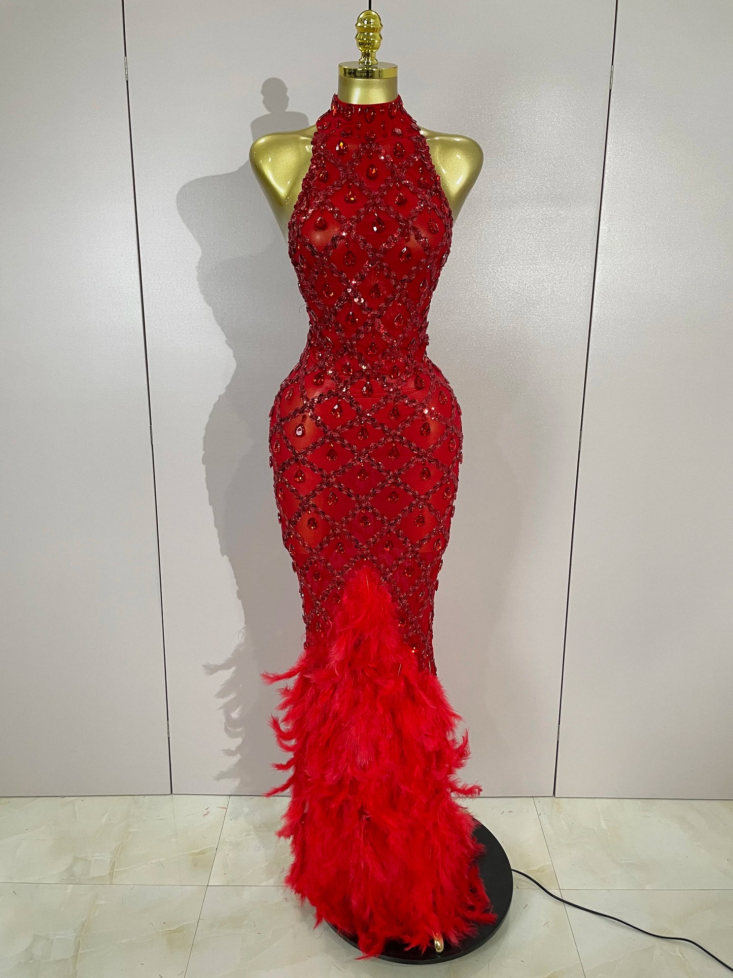 Red Rhinestone Mesh Long Dress