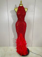 Red Rhinestone Mesh Long Dress