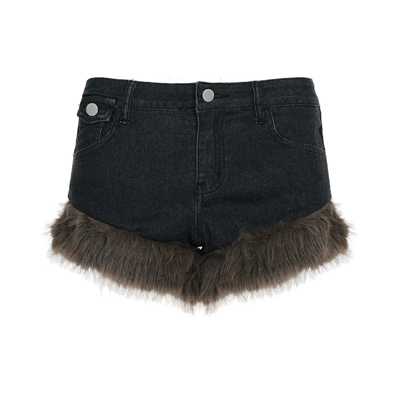 Fluffy Denim Low-Waist Shorts