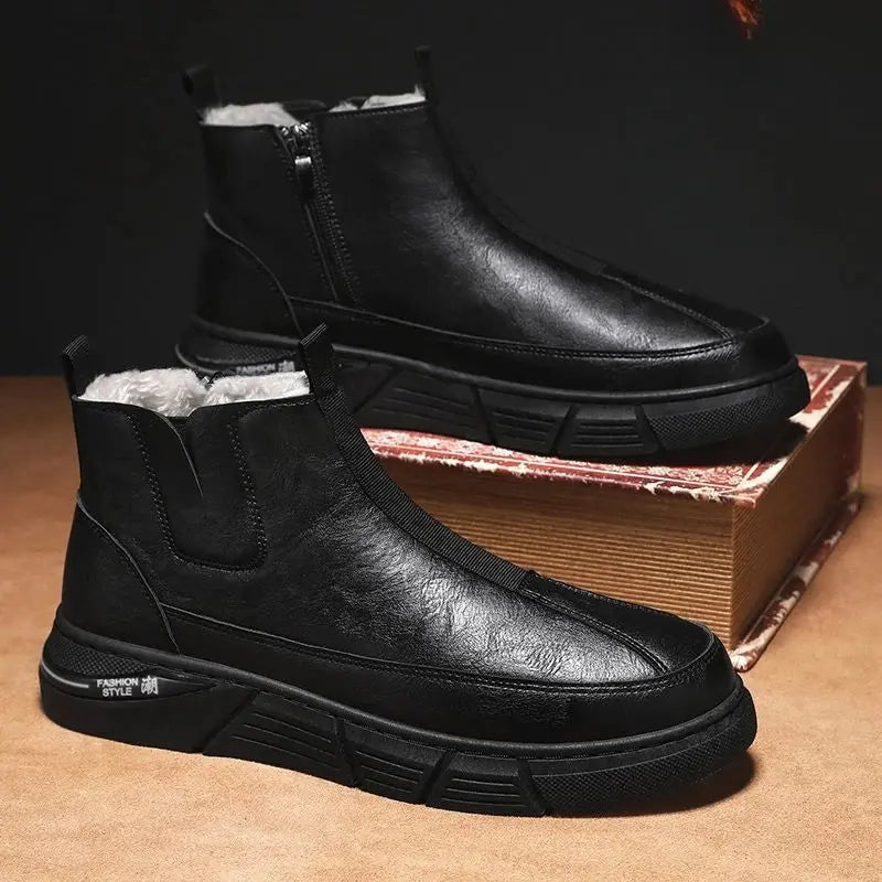 Winter Shoes Man Ankle Platform Brown Leather Zip Up Snow Boots for Men Booties New in Work Fur Brands Thick Plush Anti Slip - Chicchar Fashion