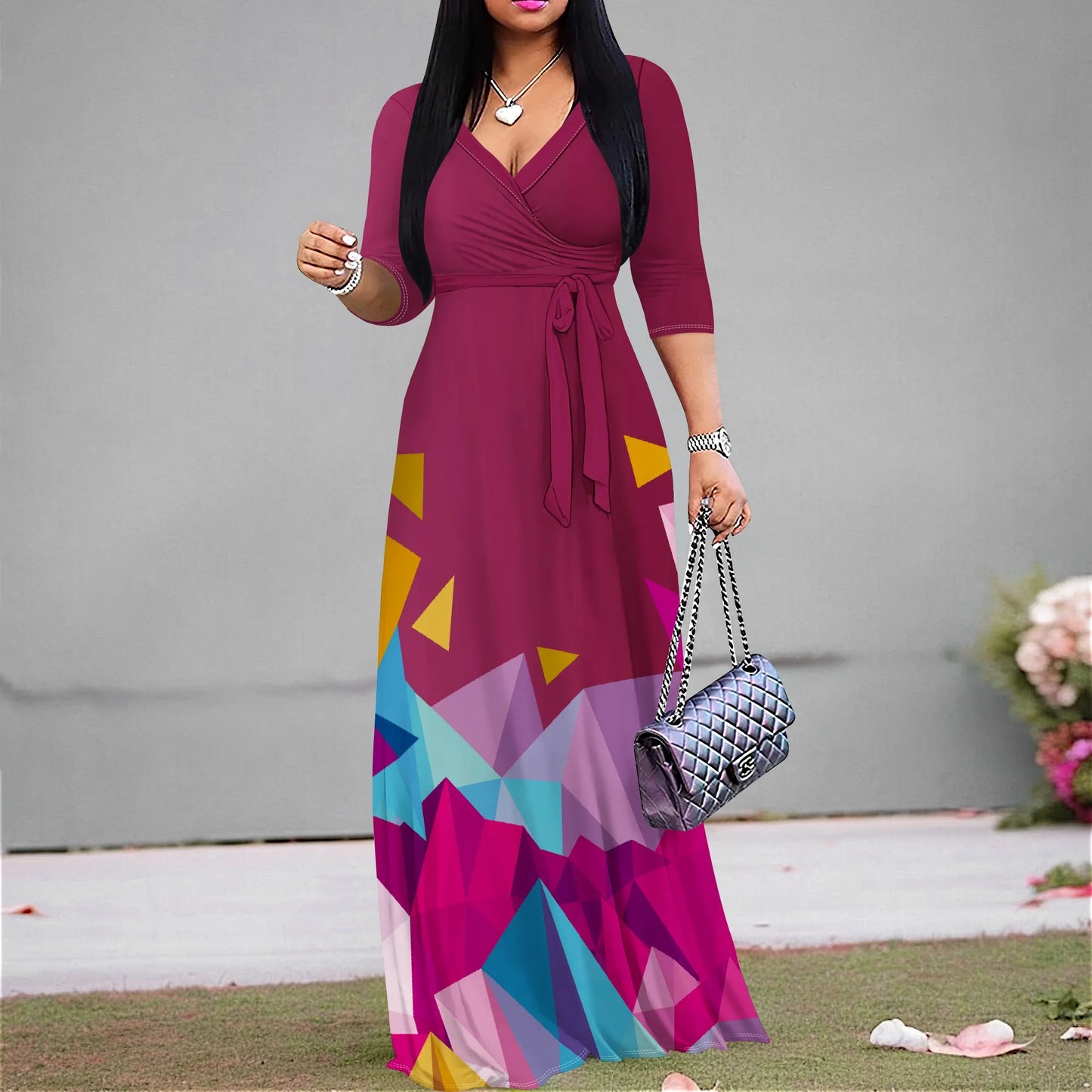 Floral Polyester V-Neck Maxi