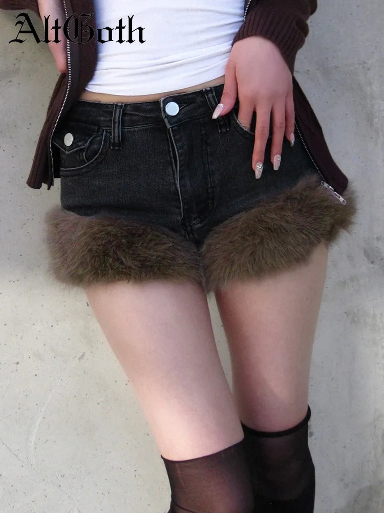 Y2K Fur Patchwork Denim Shorts