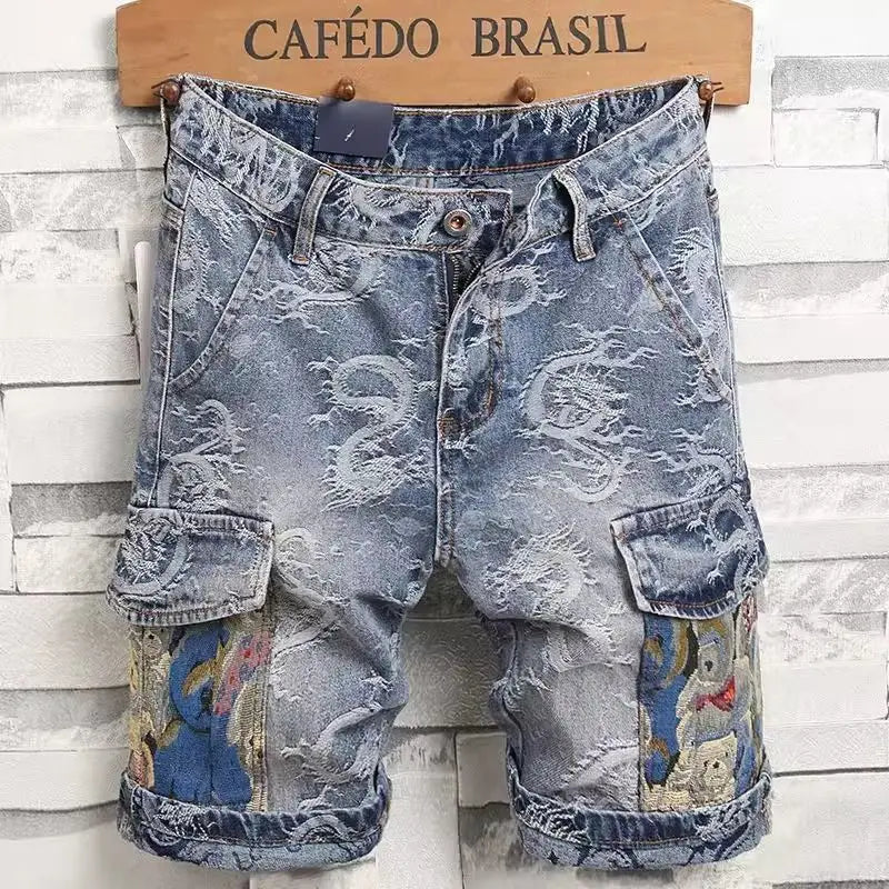Dragon Embroidered Denim Shorts